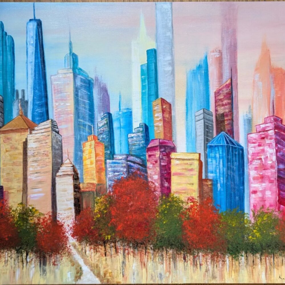 Original Colorful Acrylic Painting New York City Skyline From Central Park 30x24 - Picture 14 of 14